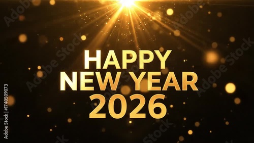 Golden Happy New Year 2026 text with sparkling light effects on a dark background