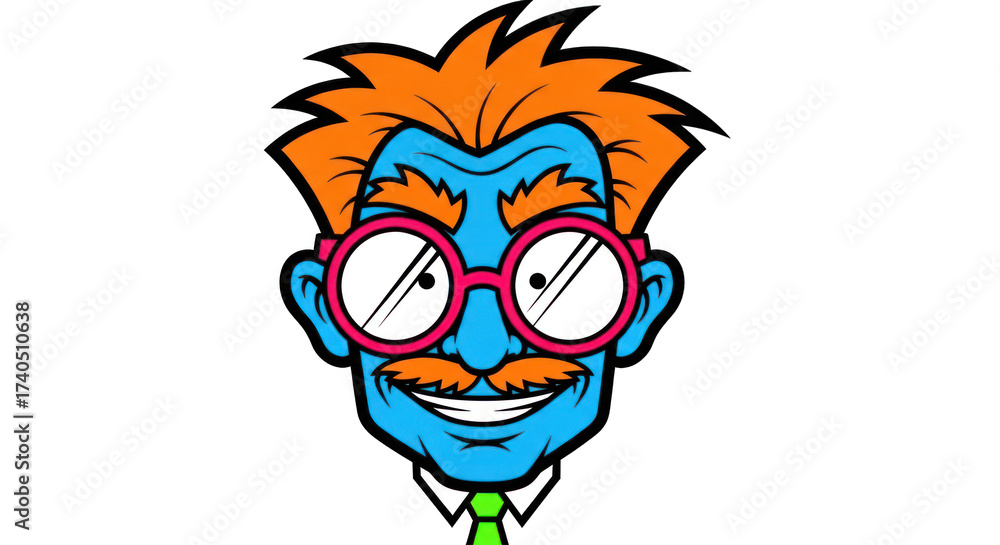 Obraz premium Cheerful Blue Cartoon Man with Glasses and Mustache.