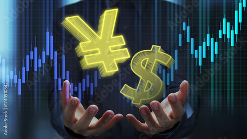 Strong yen and weak dollar. Yen and dollar signs with charts. Currency exchange rate in financial market. Foreign exchange trader holding ¥ and $ symbols.