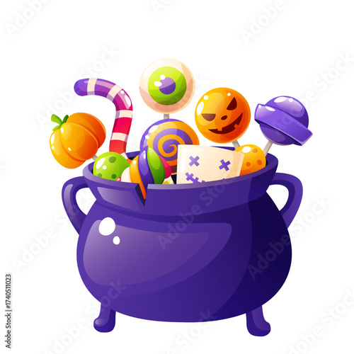 A cauldron of Halloween candy on a white background. A bucket filled with candies and lollipops for children, treats. Trick or treat. Holiday tradition.