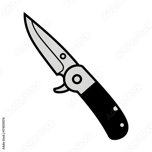 Pocket Knife Illustration Black and White Isolated on White Background