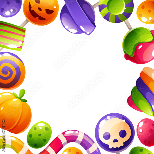 A square Halloween candy frame on a white background. A wreath of lollipops and sweets in the shape of worms, pumpkins, and skulls. The template is perfect for party invitations or greeting cards.