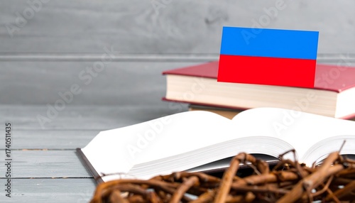 Open book with blank pages and a flag on top.