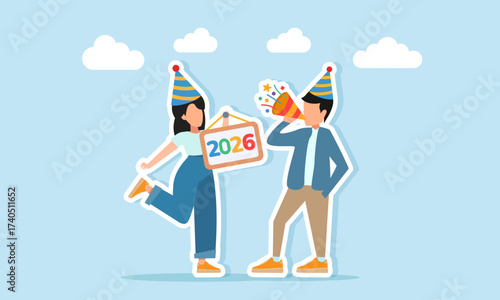 Man wearing party hat blowing trumpet while woman with party hat holding board with number 2026 illustration of appreciation for celebrating the new year
