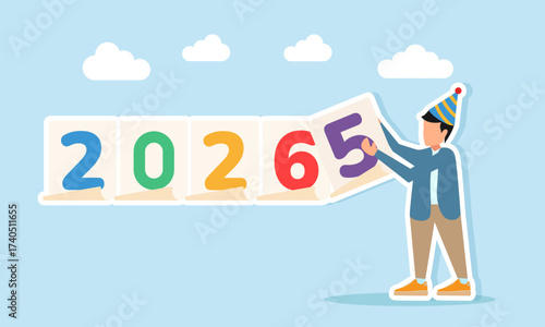Man wearing party hat holding paper with number 5 to complete number 2026 illustration of appreciation for celebrating the new year