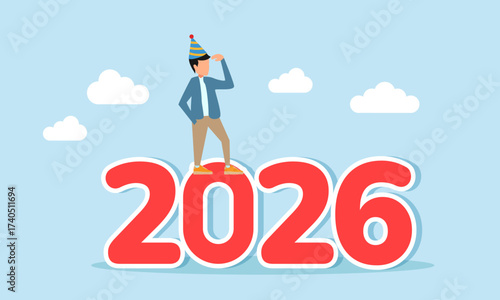Man wearing party hat standing on number 2026 observing surroundings illustration of looking at prospects and opportunities in the new year
