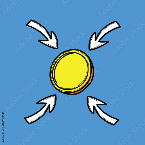 Bright Yellow Coin Centered By Four Arrows Pointing Inward On Blue Background for Finance and Investment Concept