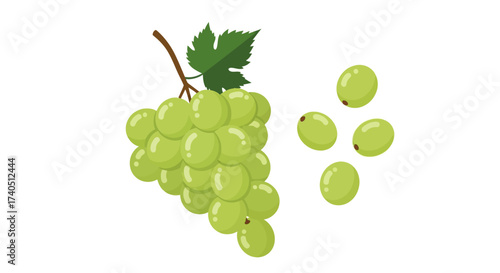 A bunch of green grapes with a leaf, and a few loose grapes, isolated on a white background.