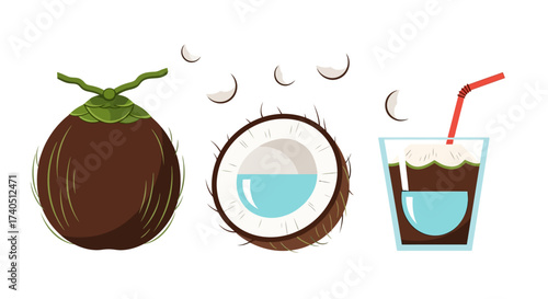 Illustration of a whole coconut, a halved coconut, and a glass of coconut water with a straw.