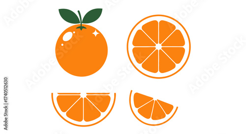 A collection of stylized orange fruit illustrations, including whole and sliced variations.