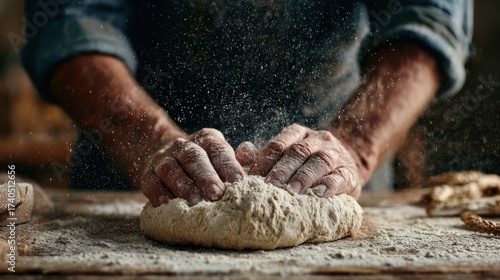 Baker kneading dough with flour close up