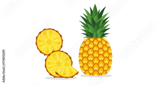 A whole pineapple stands next to two pineapple slices on a white background.