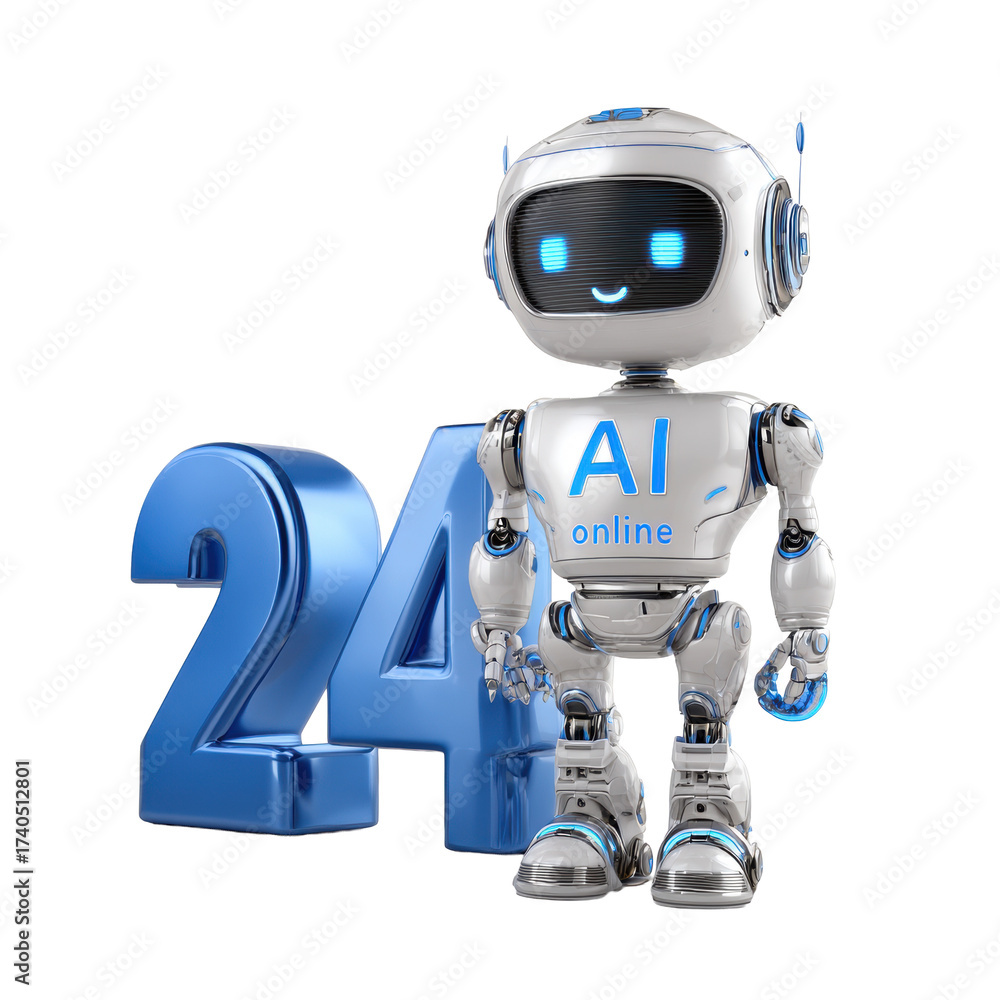 Naklejka premium Friendly AI Robot beside the 24 symbol on transparent background