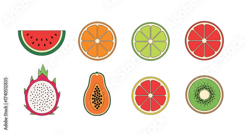 Illustration of various sliced fruits including watermelon, orange, lime, grapefruit, dragon fruit, papaya, and kiwi.