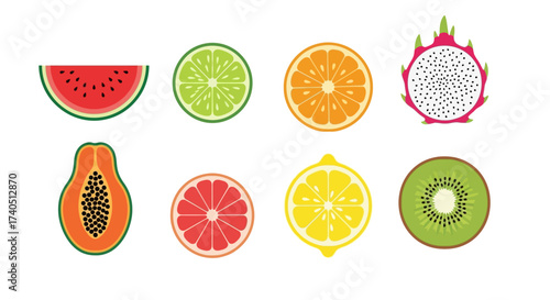 Colorful, graphic illustration showcasing sliced fruits, including watermelon, lime, orange, dragon fruit, papaya, grapefruit, lemon, and kiwi.