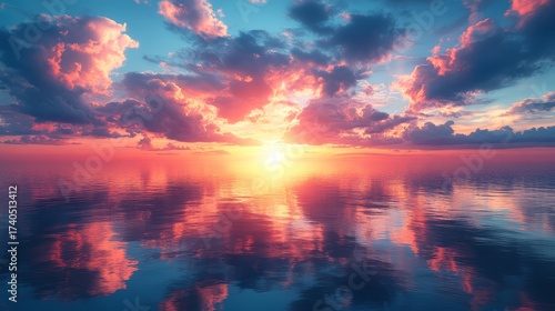 Vibrant Sunset over Calm Ocean Water with Colorful Cloudscape Reflection
