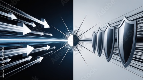Arrows moving towards a central light source and shields on a split black and white background