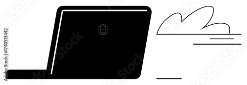 Laptop with a globe icon and minimalist cloud design. Ideal for technology, remote work, online learning, communication, cloud computing, innovation, and digital transformation. Simple flat metaphor