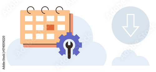 Calendar with a gear and wrench over a cloud, symbolizing task scheduling, configuration, and flexibility. Ideal for planning, technology, automation, productivity, cloud services customization