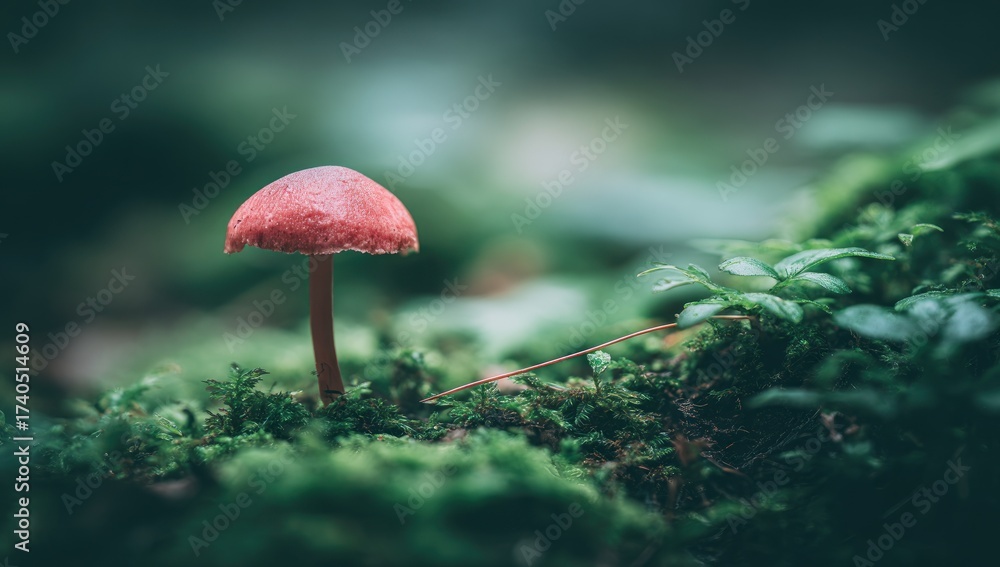 Fototapeta premium A single, small, red-capped mushroom stands in mossy foliage with a blurred background