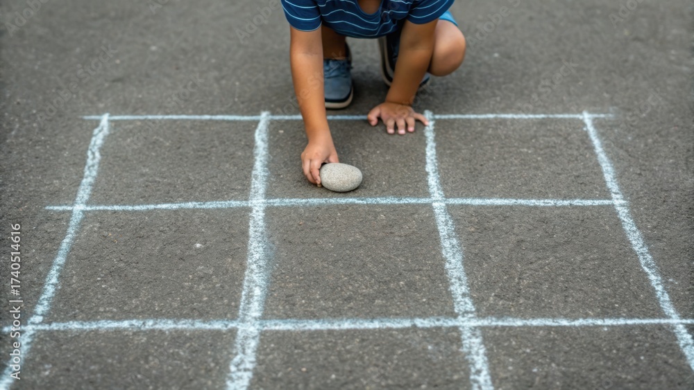 © nunoi - A child drawing a tic-tac-toe grid on asphalt with chalk, preparing for a game.