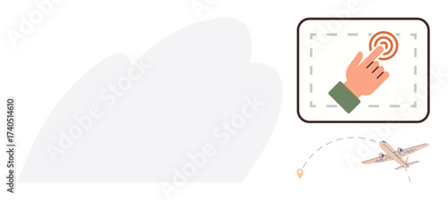 Hand pointing on a touchscreen interface near a map pin, airplane flying towards a destination. Ideal for travel booking, aviation, digital interaction, tourism, logistics, navigation, and planning