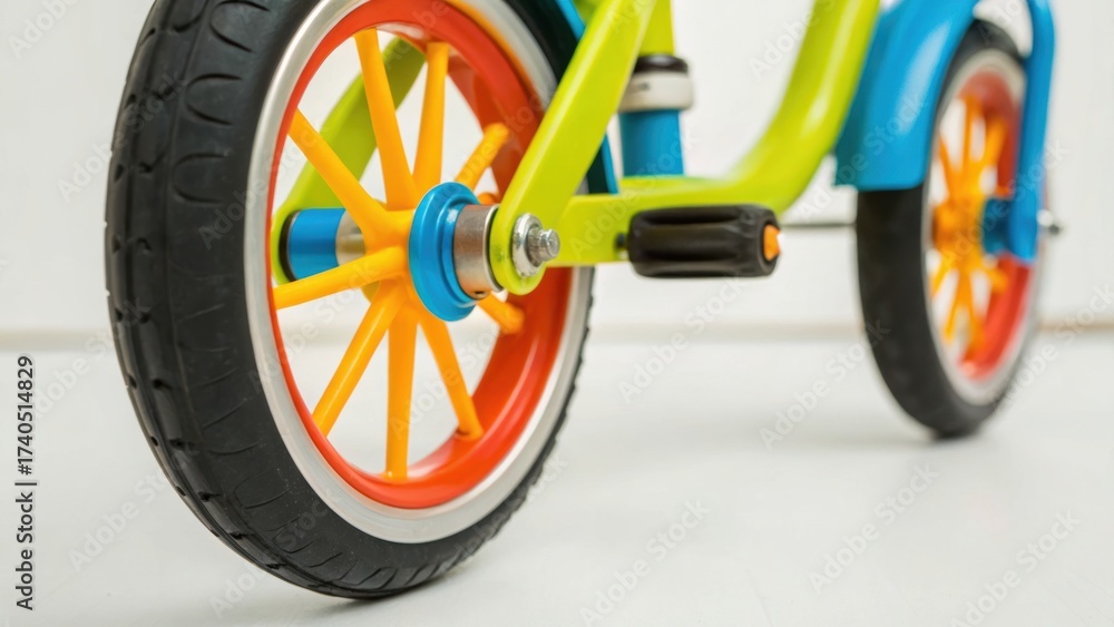 Fototapeta premium Colorful children's bicycle with vibrant wheels, showcasing a playful design and bright colors that attract young riders.