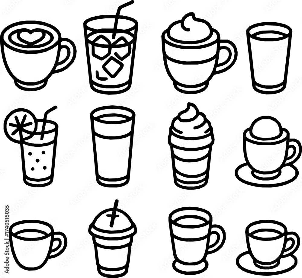 Obraz premium Cafe Drinks Vector Icon Set – Minimal Monoline Style
