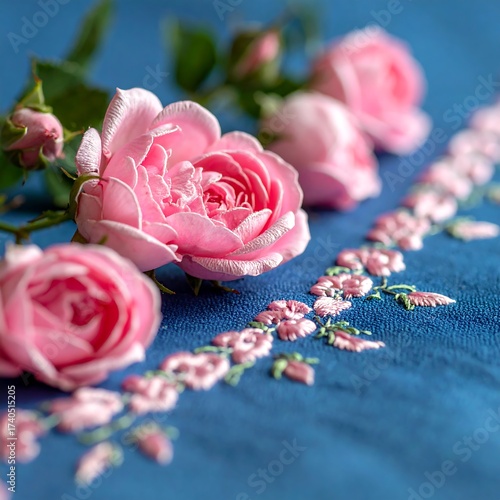 Pink Roses and Floral Embroidery on Blue Fabric - A Delicate Still Life.