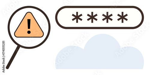 Magnifying glass highlights warning triangle, obscured password, cloud. Ideal for security, data protection, online privacy, cloud storage, alert systems, risk management simple flat metaphor