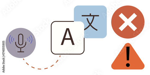 Microphone icon, text blocks, warning triangle, error symbol forming a concept of language translation, communication tools, error alerts, voice recognition, multilingual support. Ideal