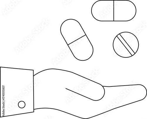 line icon of a hand carrying a medicine pill icon