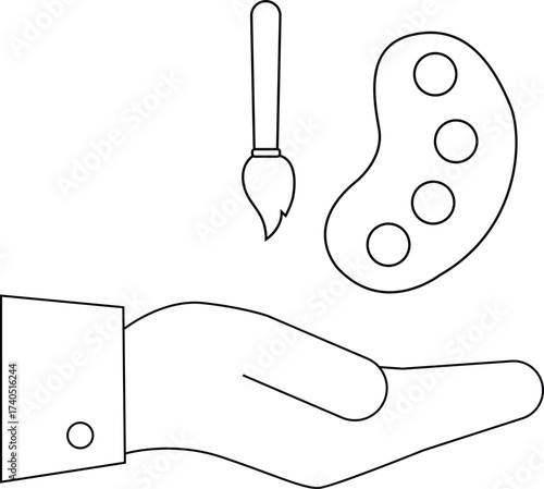 line icon of a hand carrying a paint brush icon