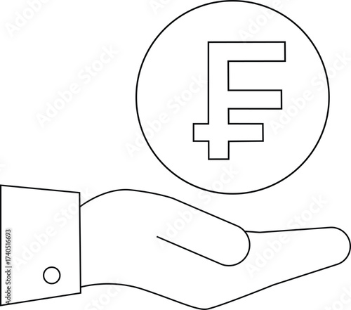 line icon of a hand carrying a franc coin icon