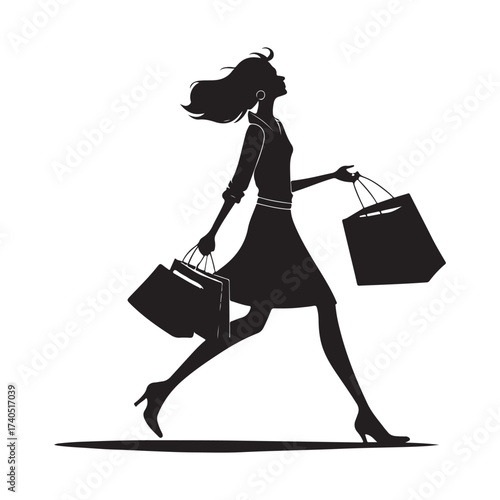 Black Friday Shopping Woman Silhouette with Bags Vector Illustration