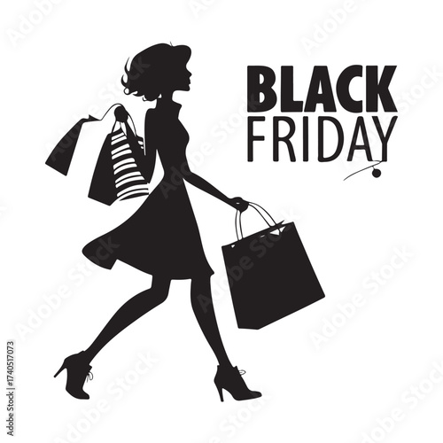 Black Friday Shopping Woman Silhouette with Bags Vector Illustration