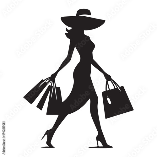 Black Friday Shopping Woman Silhouette with Bags Vector Illustration