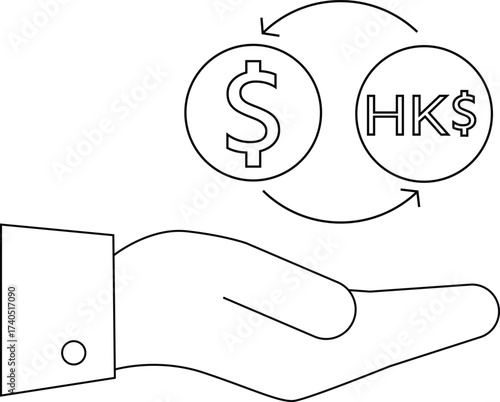 line icon hand carrying icon convert dollar coins to Hong Kong dollar coins