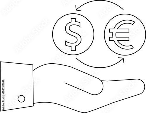 line icon hand carrying icon convert dollar coins to euro coins