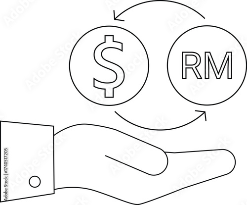 line icon hand carrying icon convert dollar coins to Malaysian ringgit coins