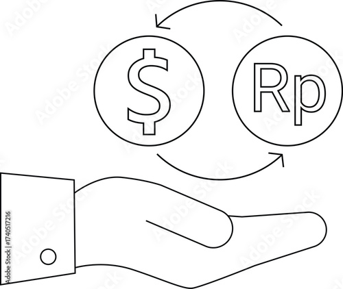 line icon hand carrying icon convert dollar coins to Indonesian rupiah coins