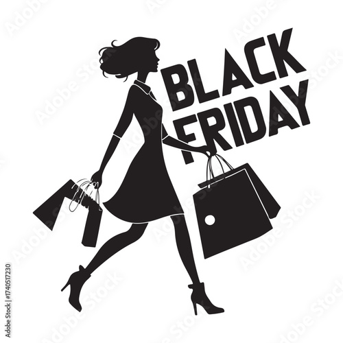 Black Friday Shopping Woman Silhouette with Bags Vector Illustration