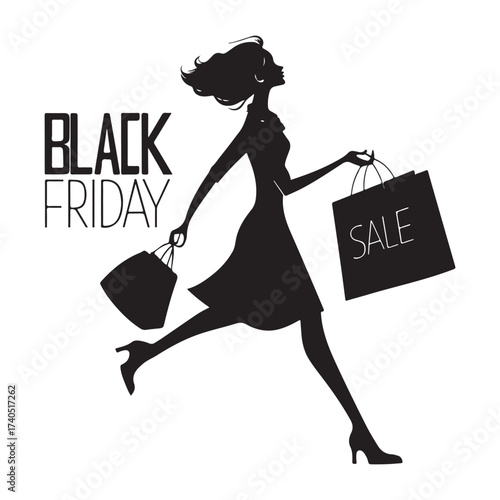 Black Friday Shopping Woman Silhouette with Bags Vector Illustration