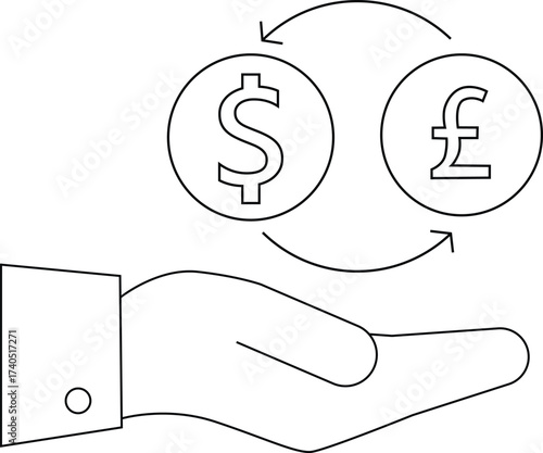 line icon hand carrying icon convert dollar coins to pound sterling coins