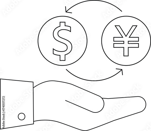 line icon hand carrying icon convert dollar coins to Japanese yen coins