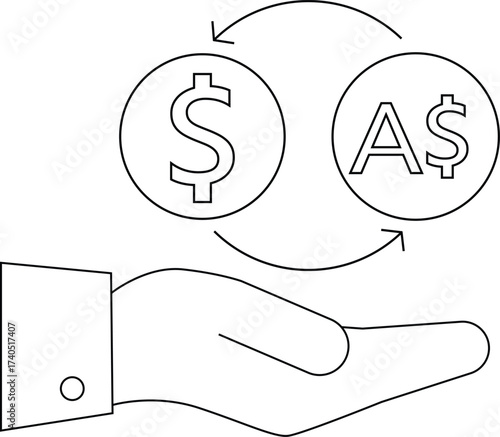 line icon hand carrying icon convert dollar coins to australian dollar coins