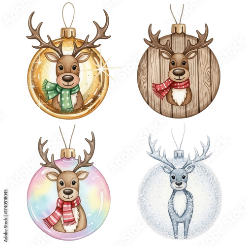 Festive Reindeer Ornament Collection Watercolor Christmas Decorations.
