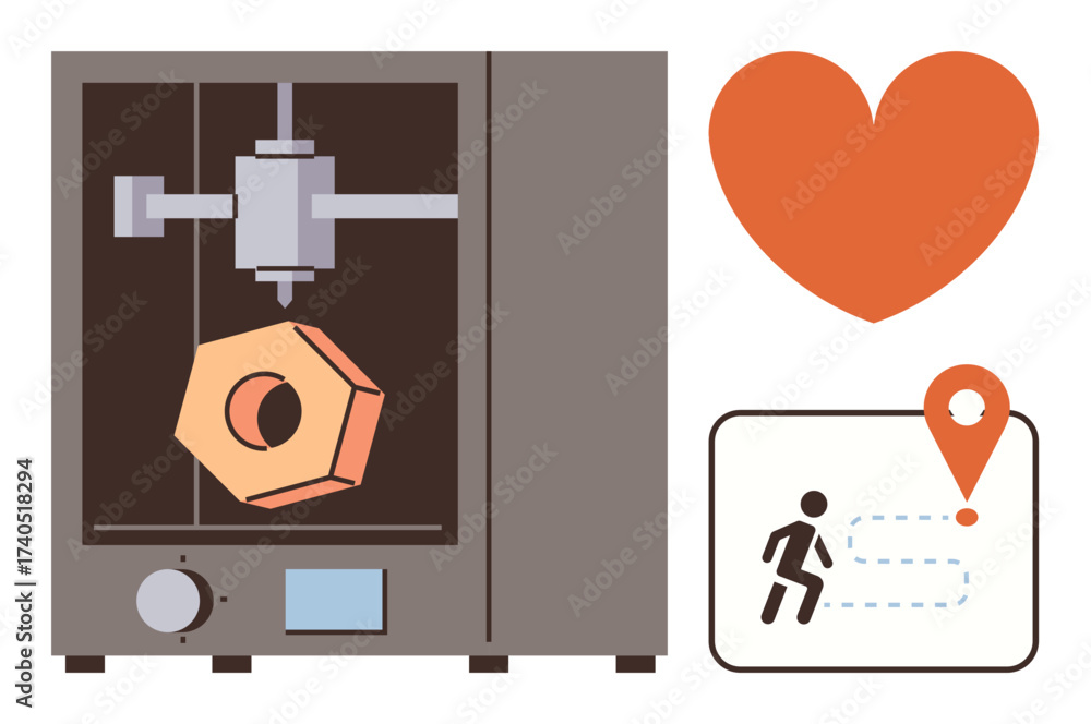 Fototapeta premium 3D printer creating an object, orange heart symbol, and running figure with destination indicated. Ideal for innovation, technology, creativity, health, fitness design movement concepts. Simple