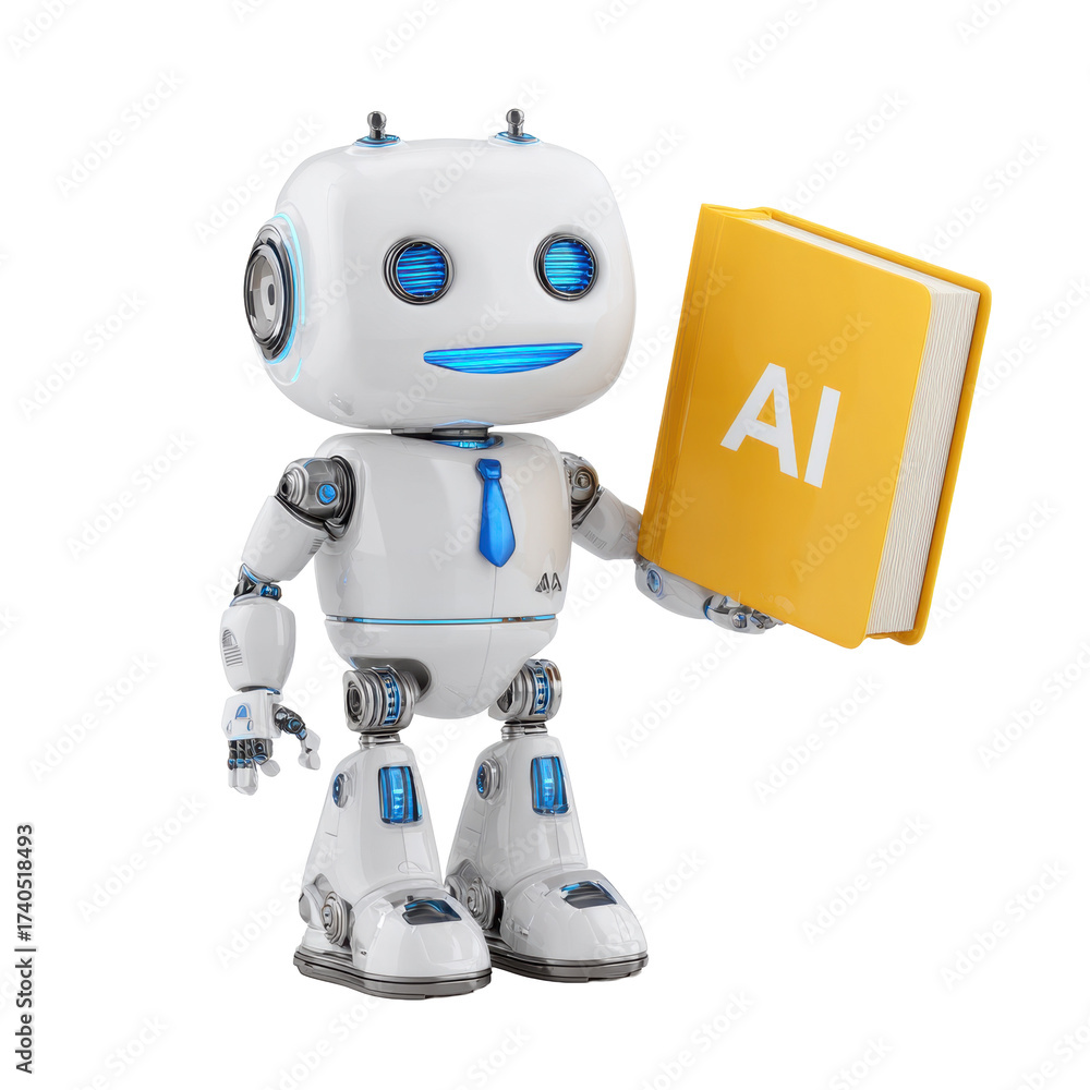 Naklejka premium Friendly AI Robot with Book on Transparent Background