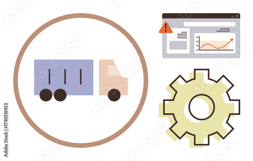 Truck inside circular frame, analytics dashboard with alert icon, large gear. Ideal for logistics, supply chain, transportation, data analysis, system optimization workflow delivery. Simple flat